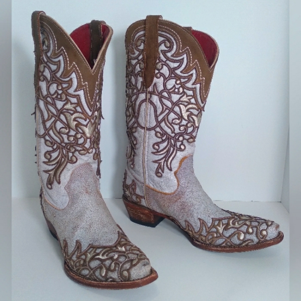 Ferrini Womens Ivy Snip Toe Mid Calf Brown/ Off White Western Boots- Size 9